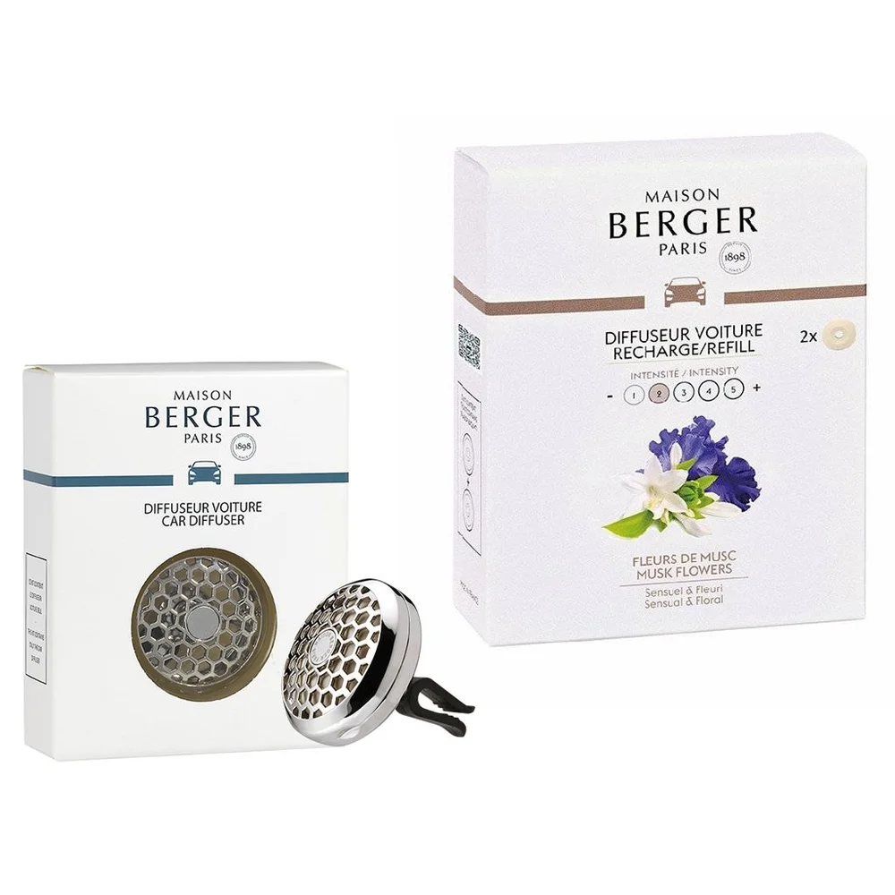 Sada spony na vůni do auta Honey Comb a vůně do auta Květy pižma, 2 ks