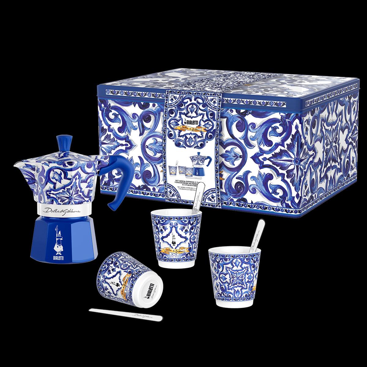 Dárková sada Moka Express konvička Blu Mediterraneo, 3 pohárky, míchátka