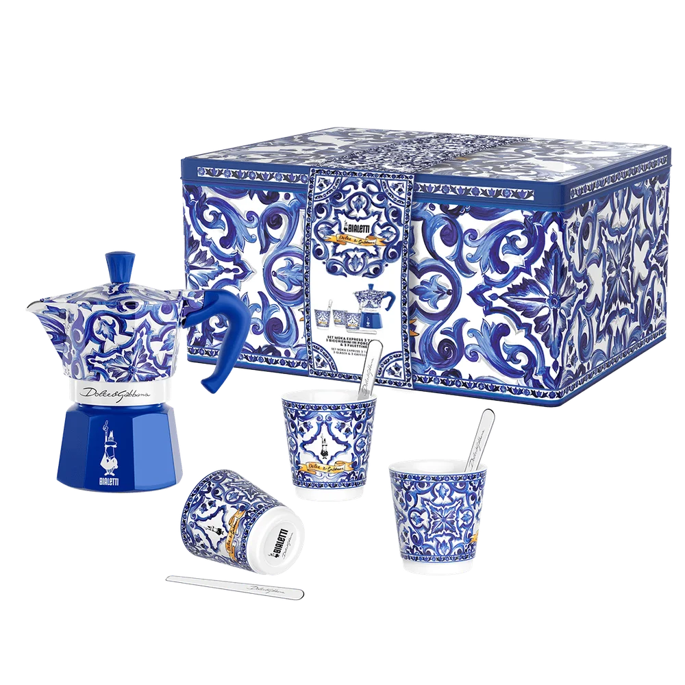 Dárková sada Moka Express konvička Blu Mediterraneo, 3 pohárky, míchátka
