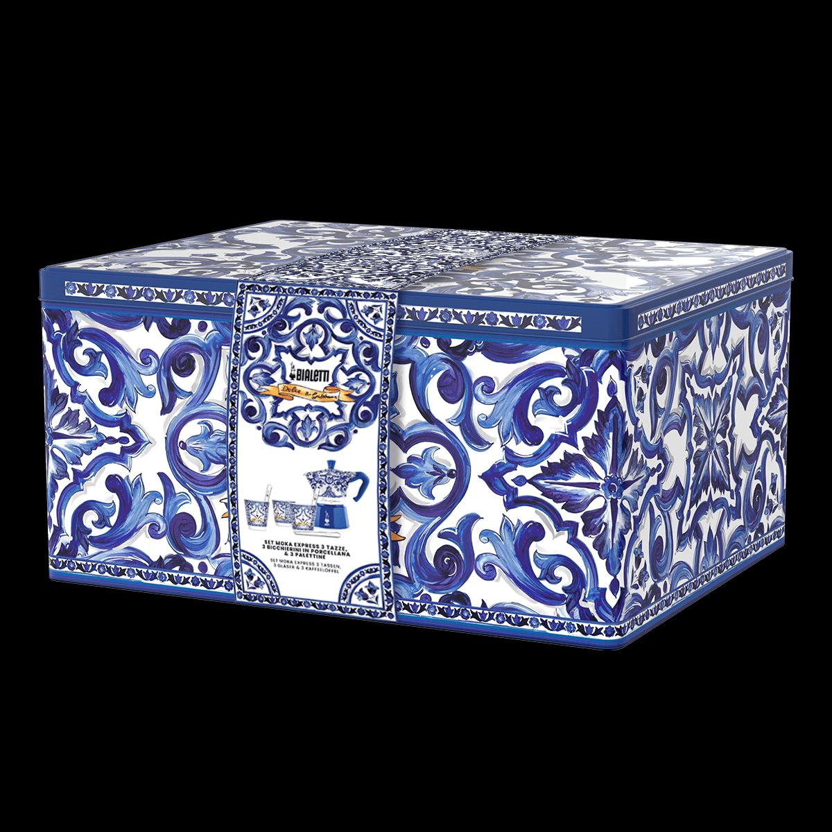 Dárková sada Moka Express konvička Blu Mediterraneo, 3 pohárky, míchátka