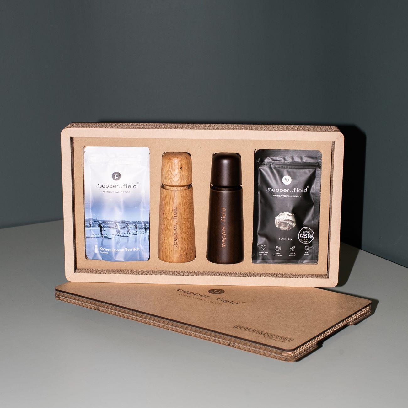 Darčeková súprava škandinávskych mlynčekov na korenie Kampot (50 g) a morskou soľou (120 g)